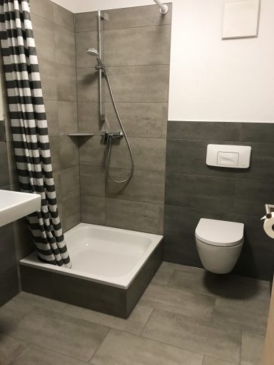 Badezimmer mit Dusche, Handtüchern, Föhn, Spiegel, Grundausstattung wie WC-Papier, etc.)