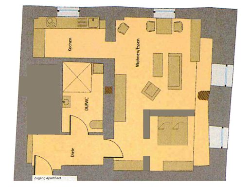Raumaufteilung mit Wohn-/Esszimmer, Küche, Schlafzimmer, Badezimmer, Flur
