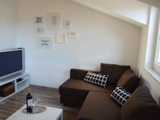 mit Fernseher, Ausziehsofa, Couchtisch und Snacks.